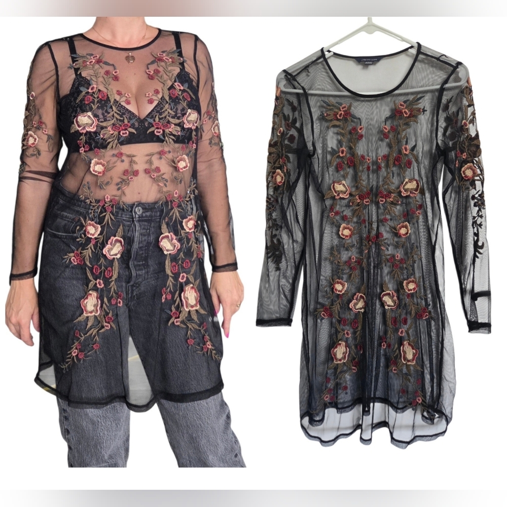 American Eagle Sheer Mesh Embroidered Floral Tunic Dress Black‎ XS Boho Festival